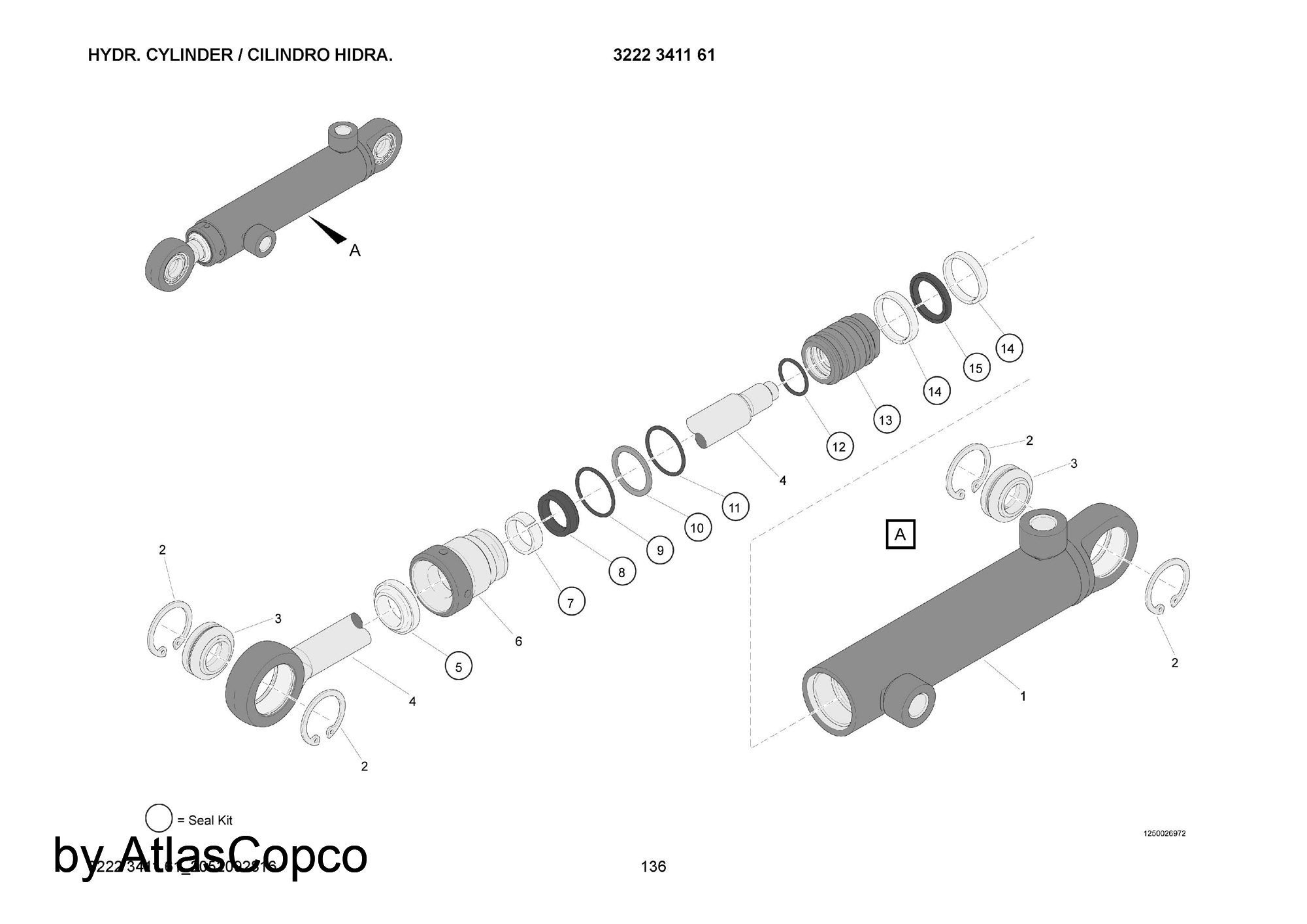 Atlas Copco Epiroc HYDRAULIC CYLINDER 3222 3411 61 / 3222341161